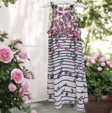 Betsey Johnson Halter Dress Size 8 Striped Floral Chiffon Sleeveless Blue Pink