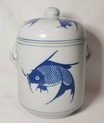 Vintage Blue and White Porcelain Koi Fish Ginger Tea Jar w/Lid Asian 6.5  Tall