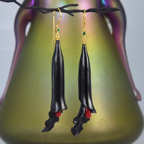 Flower Earrings Negro Cuerno, Rojo Coral Esmeralda Oro Vermeil Ley Plata 6.23g - Imagen 6 de 14