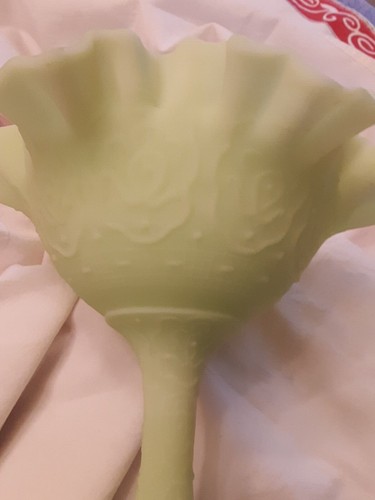 Vintage Fenton Satin Lime Green Persian Medallion-Ruffled Pedestal Compote 6.5” - Picture 3 of 11
