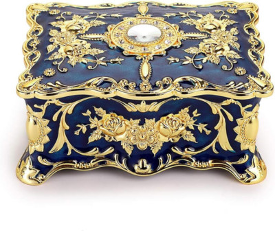 Hipiwe Vintage Metal Jewelry Box - Two Layer Rectangular Trinket Large, Blue 