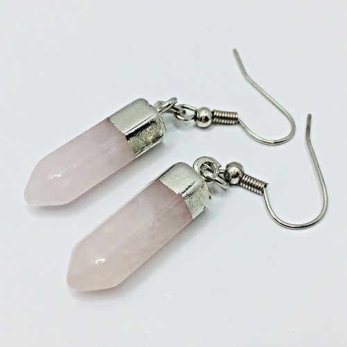 Rose Quartz Earrings Obelisk Point Energy Pink Crystal Pierced French Hook - Picture 1 of 5