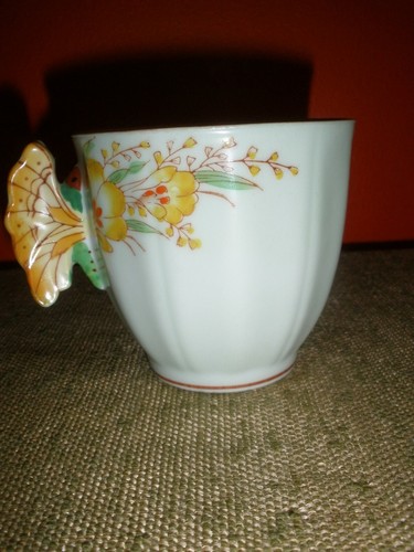 Vtg Teacup Cup & Saucer Butterfly Handle Mint Green w/ Floral Yellow EXC #13 - Picture 10 of 12