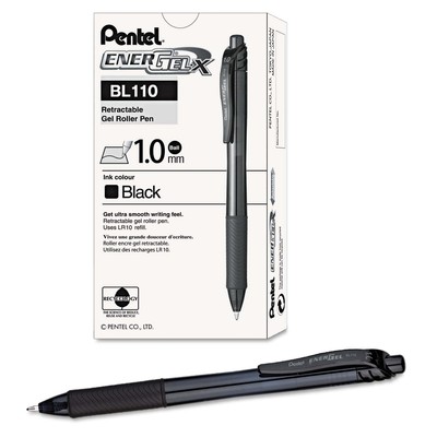 Retractable Roller Gel Pen 1mm Trans Black Barrel Black Ink Dozen BL110A