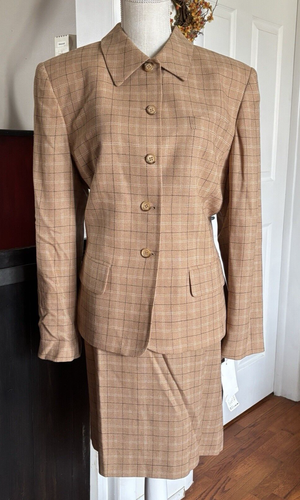 Jones New York Skirt Suit Sz 16 Coffee Brown Plaid Wool NWT Career Professional - Picture 2 of 23