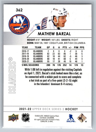 2021-22 Upper Deck #362 Mathew Barzal New York Islanders - Picture 2 of 2