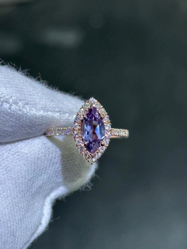 14k Rose Gold Natural White Diamonds Halo Marquise Alexandrite Engagement Ring - Picture 10 of 12