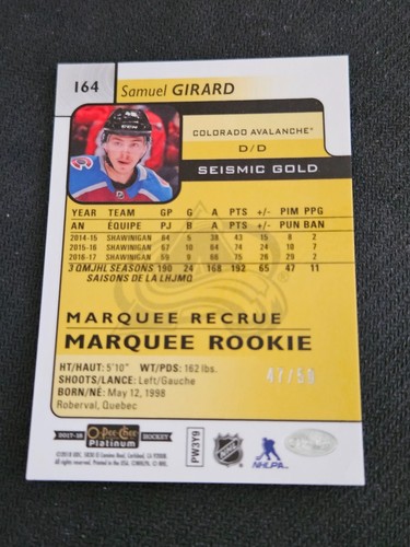 2017-18 OPC PLATINUM SAMUEL GIRARD #164 #ed 47/50 MARQUEE ROOKIE SEISMIC GOLD - Picture 2 of 2