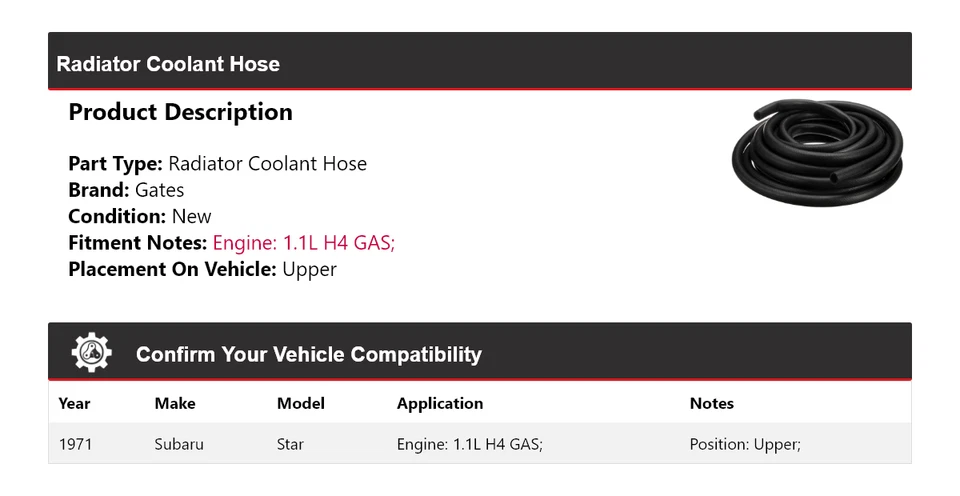 适用于 1971 年斯巴鲁 Star 1.1L H4 气体散热器冷却剂软管上门 — 第 2/4 张图片