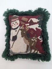 Riverdale Tapestry Throw Pillow Snowman Reindeer W/ Fringe 7x6" Made In The USA