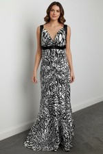 Morgan & Co Black White Halter Mermaid Gown Criss Cross Back Special Occassion S