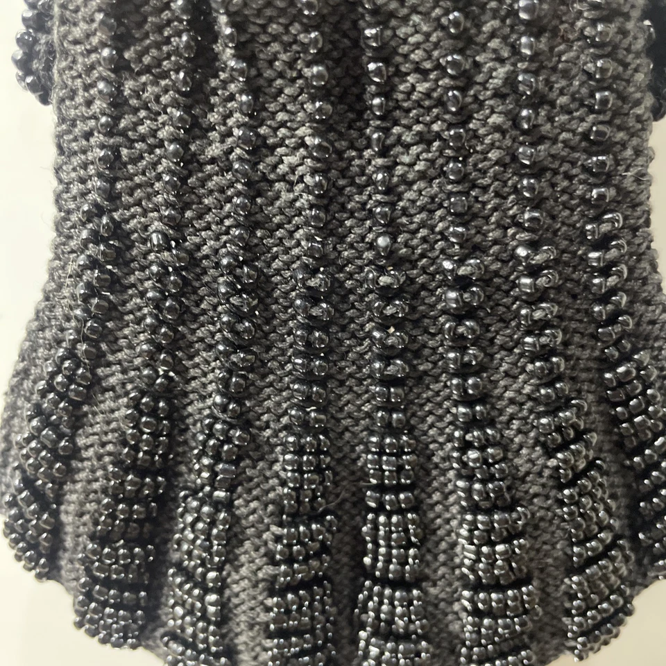 Vintage 1900s Beaded Black Knit Swag Beaded Purse Metal Drawstring - Image 3 of 4