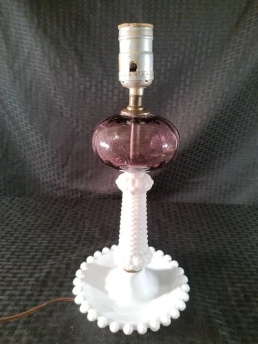 Vtg Table Boudoir Lamp Hobnail Milk Glass and Purple Bulb (Needs To Be Rewired)