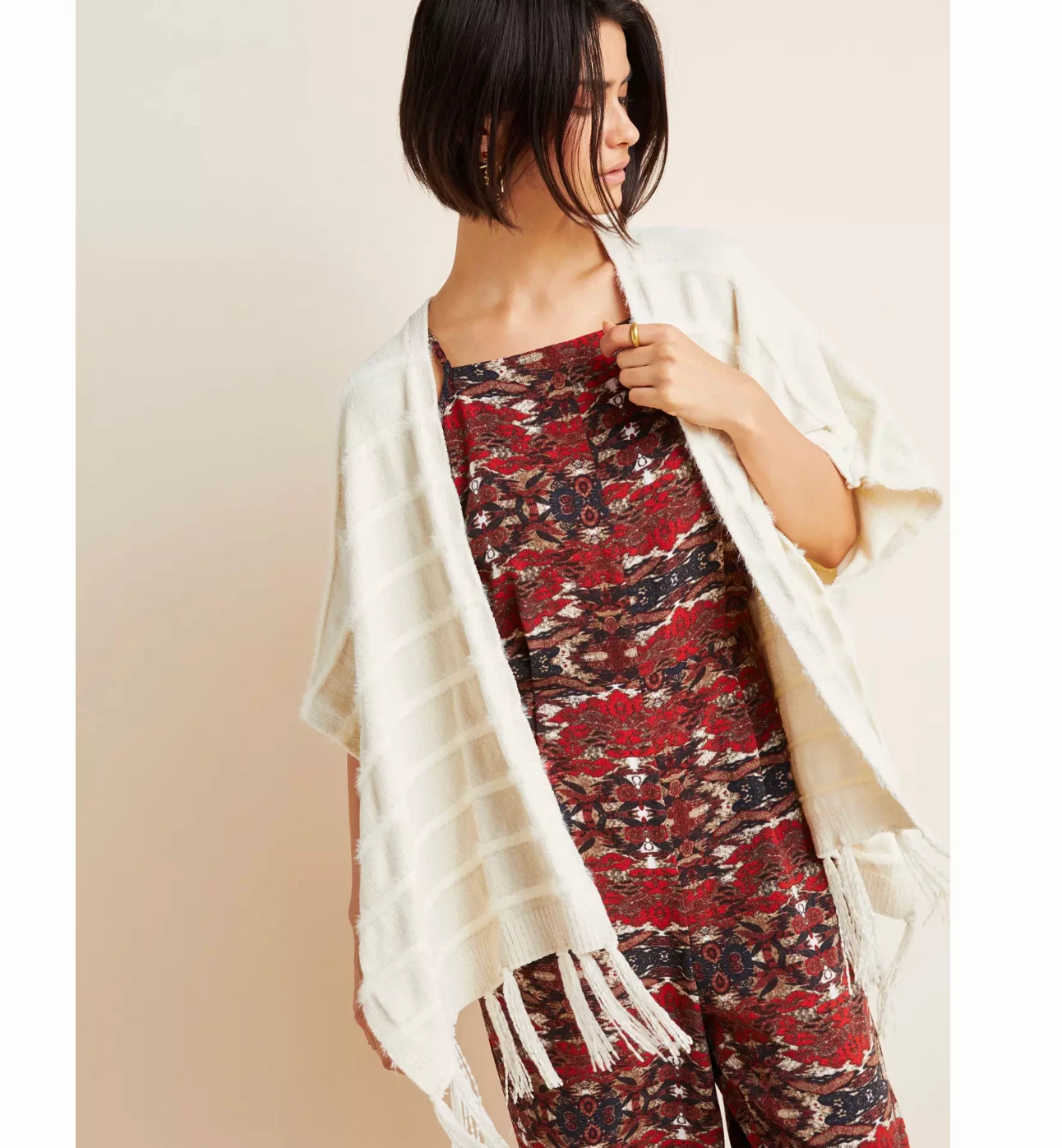 Anthropologie Akemi + Kin Poncho One Size OS Chenille Ivory Striped Fringe Boho