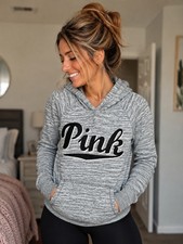 Victoria s Secret PINK Gray Marl Pullover Hoodie Logo Sweatshirt Women s Size M