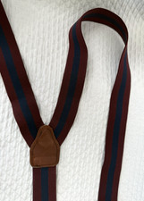 CAS W Germany Burgundy Navy Stripe Leather Button Suspenders Braces 35mm Vintage