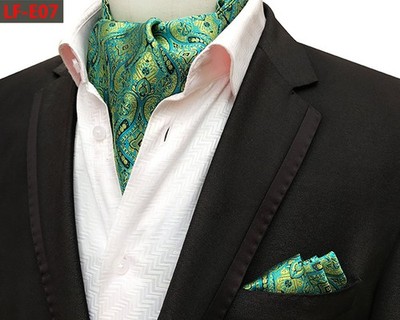 Men Green Paisley Cravat Ascot Necktie Handkerchief Pocket Square Wedding Set