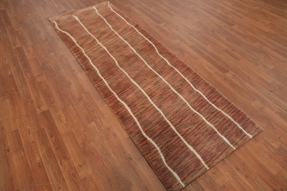 Rust Wool Modern Runner Rug 3x8 Abstract Hand-knotted Hallway Oriental Carpet - Image 4 of 4