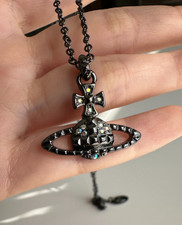 Vivienne Westwood New Black Bas Relief Pendant Necklace Silver CZ