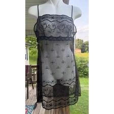 Vintage Victoria's Secret Black Mesh Embroidered Slip Dress Whimsigoth Coquette
