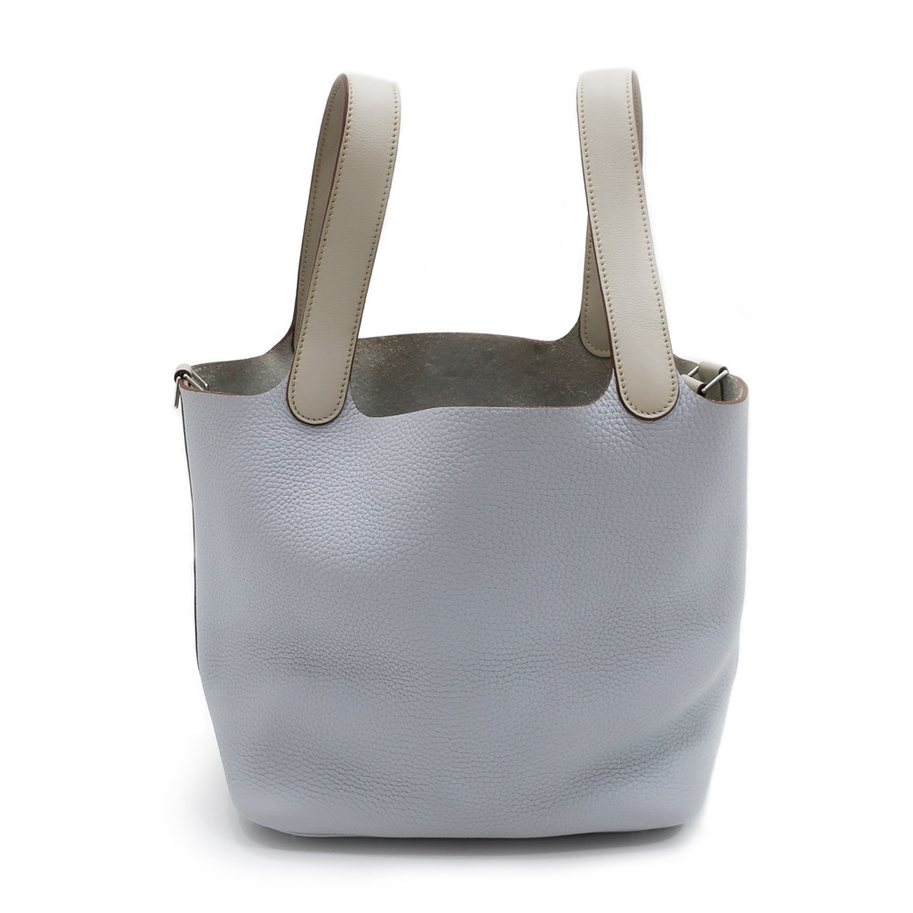 Hermes Picotin Lock MM Bag Blue Pale Pearl Grey Taurillon Leather Engraved R
