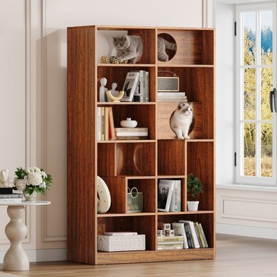 Modern 2 IN 1 Wood Bookshelf Cat House, Cat Tree Display Case with Storage
