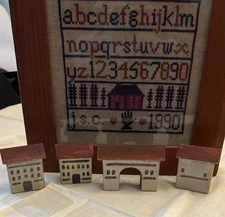 Primitive, Hand Painted Wooden, Americana Folk Art Miniature Houses Set Of Four