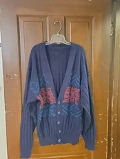 Vintage Gitano Sweater Women XL Blue V-Neck Aztec Grandpa Cardigan USA 90s