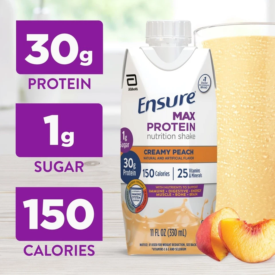 Ensure Max Protein Shake Creamy Peach 30g Protein 1g Sugar 4g Fiber 12-Pack - Image 2 of 4