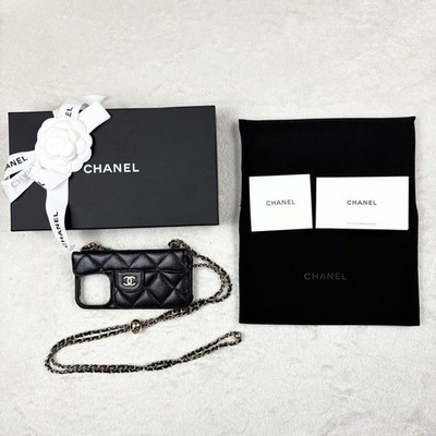 CHANEL Matelasse Chain Shoulder iPhone Case Black Lambskin US TAX