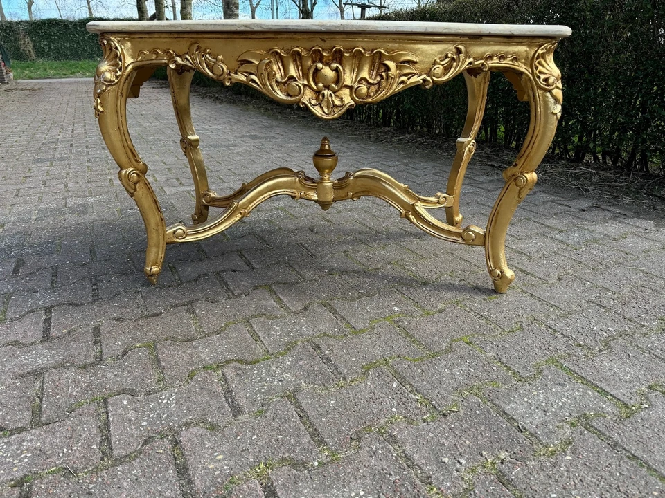 Mesa de centro estilo Luis XVI años 40 madera de haya hoja de oro mármol italiano Foto 4 de 4