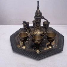 Vintage Brass Turkish Coffee Tea Set 8” Wide Middle Eastern Arabic Patina