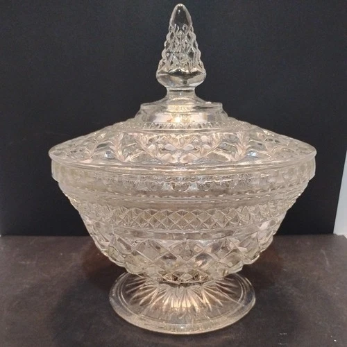 Anchor Hocking Wexford Crystal Pedestal Candy Bowl Dish With Lid Vintage