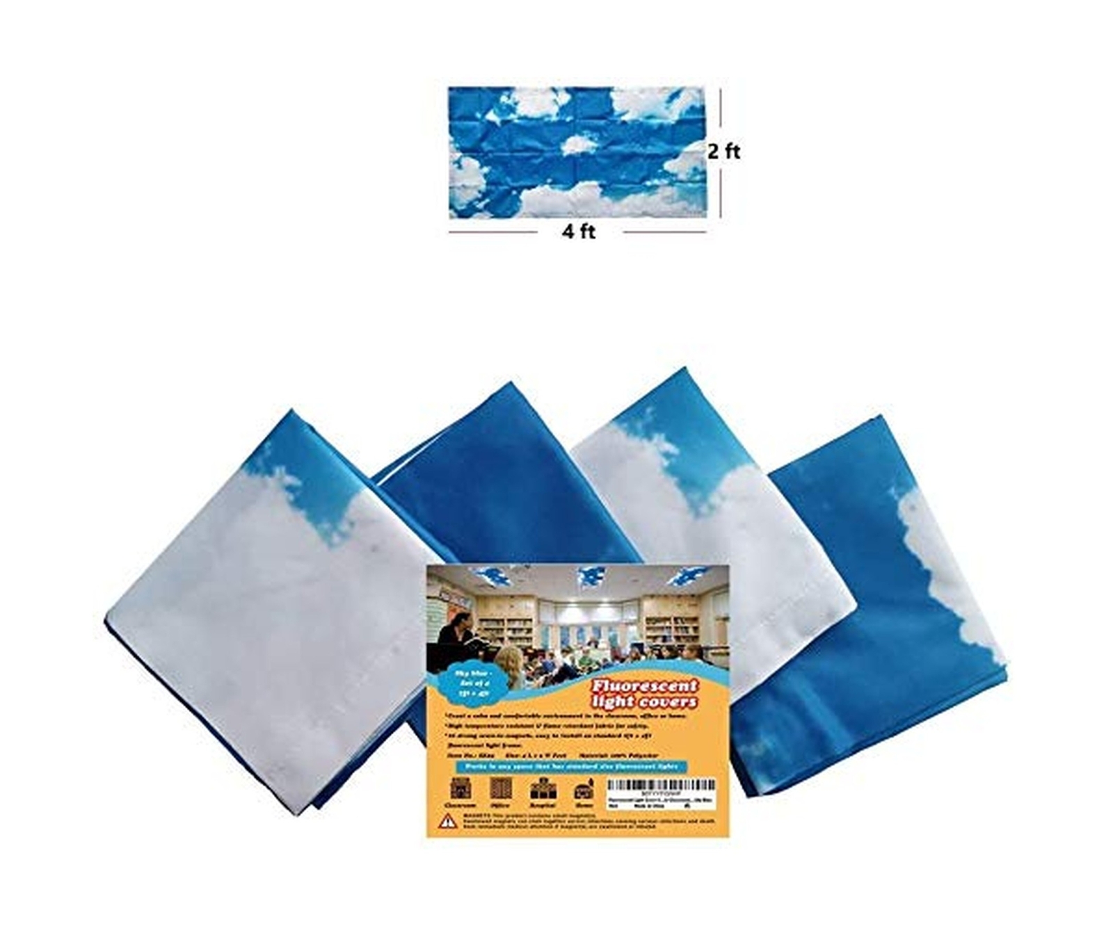 Fluorescent Light Cover 4' x 2' feet (4 Pack; Blue Sky Cloud). Flame-Retardan...-image