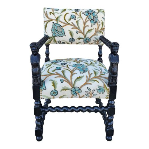Antique Indian Hand-Carved Barley Twist Armchair – Upholstered Accent Chair