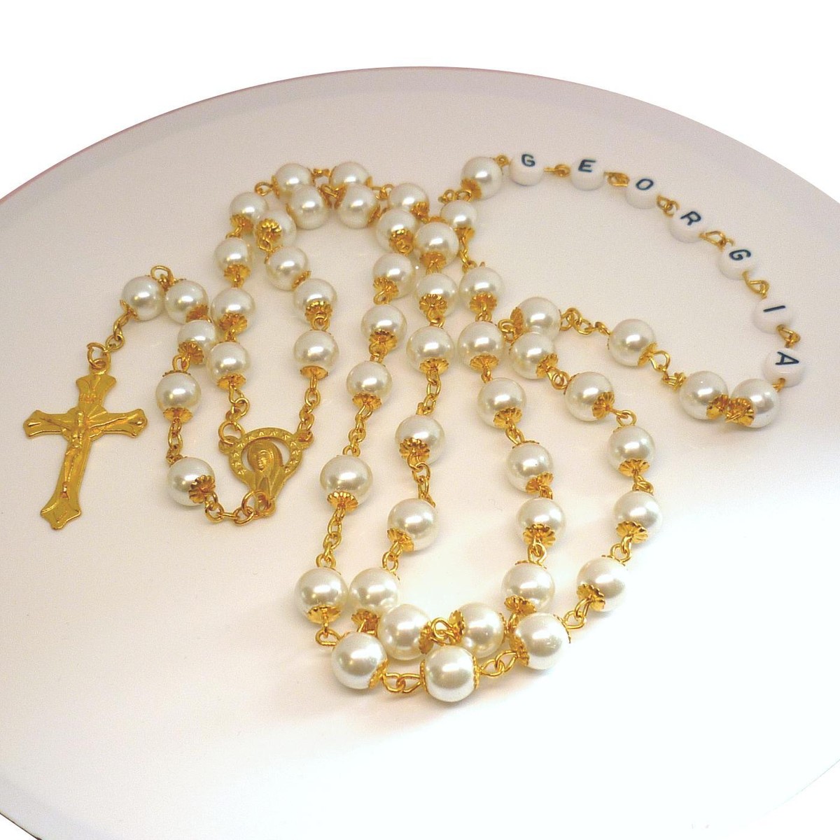Personalised Rosary Beads with Any Name in Gold and White Pearls, High 