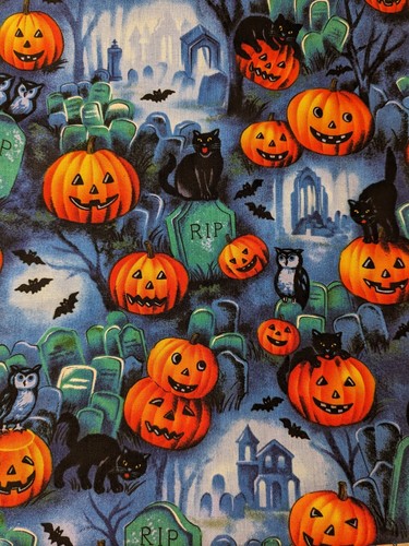 Halloween Pumpkin Quilters Cotton Fabric 2yd x 42" Black Cat Graveyard Bats Blue - Picture 6 of 7