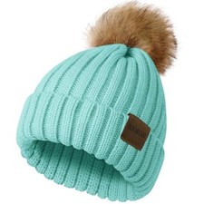 Womens Winter Knitted Beanie Hat with Faux Fur Pom Beanie Warm 1 1lake Blue