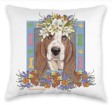 Basset Hound Floral Throw Pillow, Decorative Pillow, Cute Dog Accent Pillow, Spr