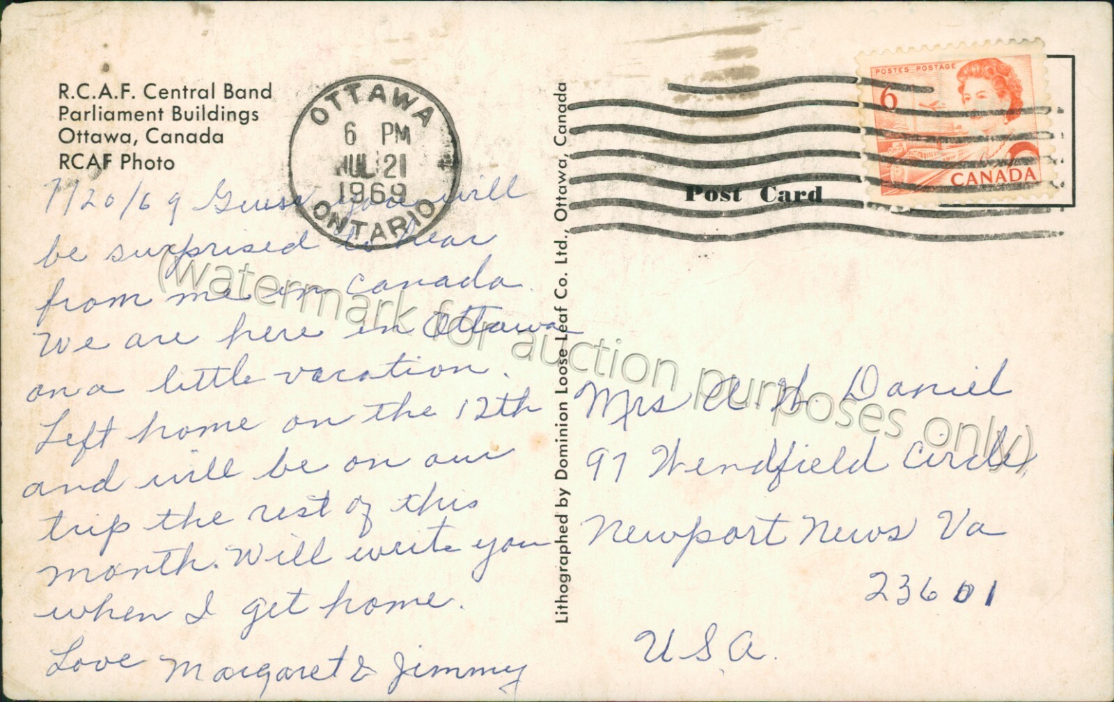 Ottawa, Ontario Royal Canadian Air Force Band 1969 Vintage ONT