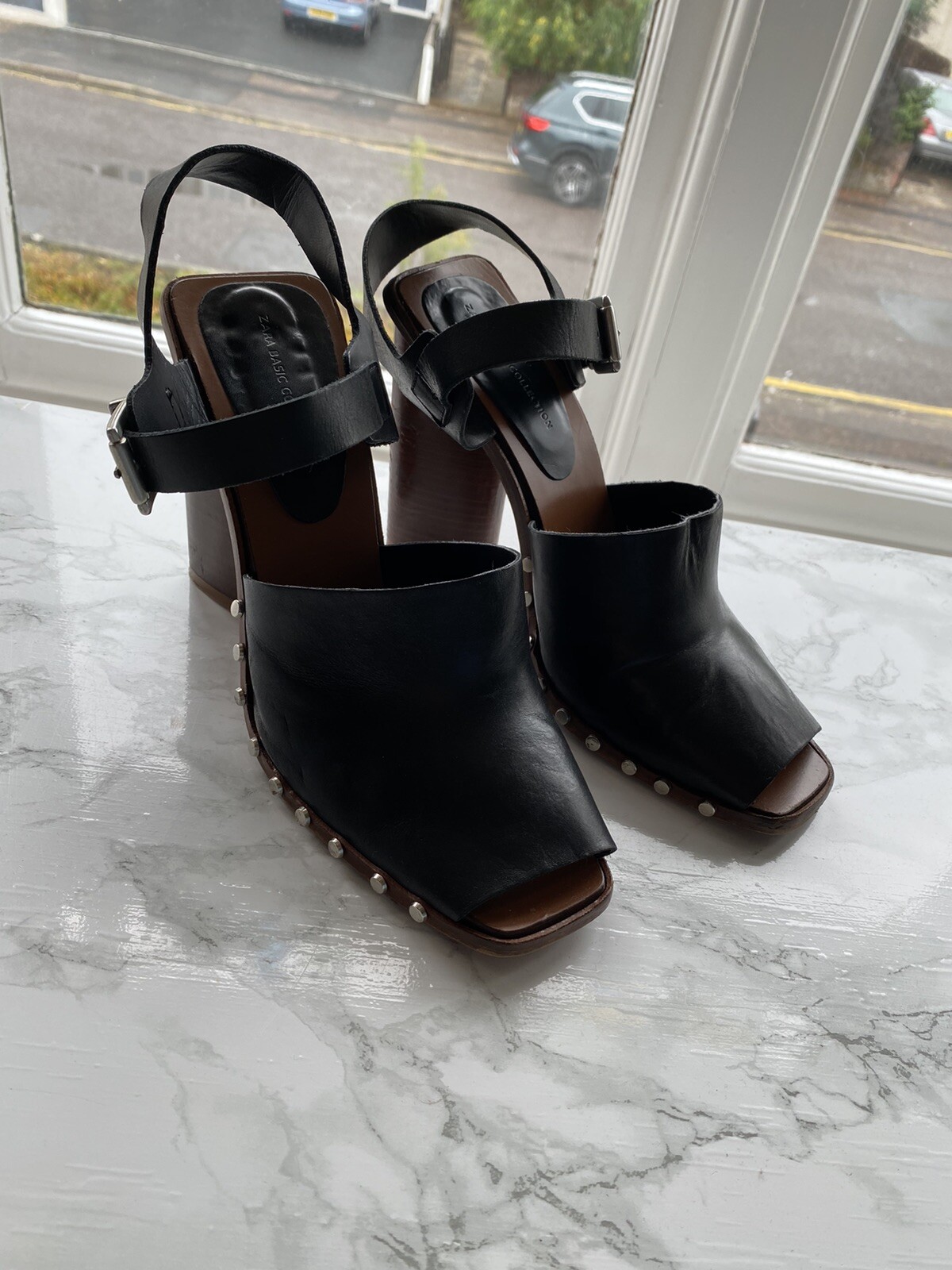 RARE Zara Leather Block Heel Sandals With Studs UK 6 image 4