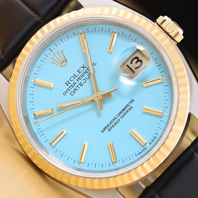 ROLEX MENS DATEJUST 16233 AQUA BLUE 18K GOLD STEEL WATCH w/ BLACK