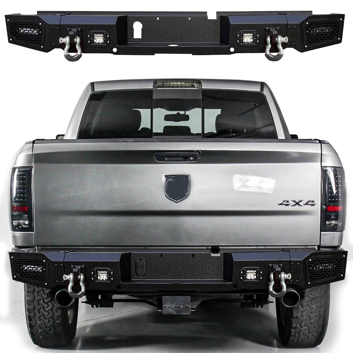 Vijay For 2008-2019 Dodge Ram 1500 Black Rear Bumper with 4xLED