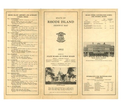 Vintage 1932 Rhode Island Official Road Map   State Highway Dept. (Splits)