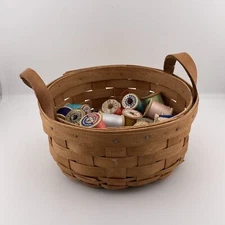 Three Dozen Vintage Wooden Spools of Silk and Cotton Thread Longaberger Basket