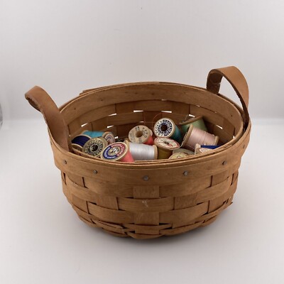 Three Dozen Vintage Wooden Spools of Silk and Cotton Thread Longaberger Basket