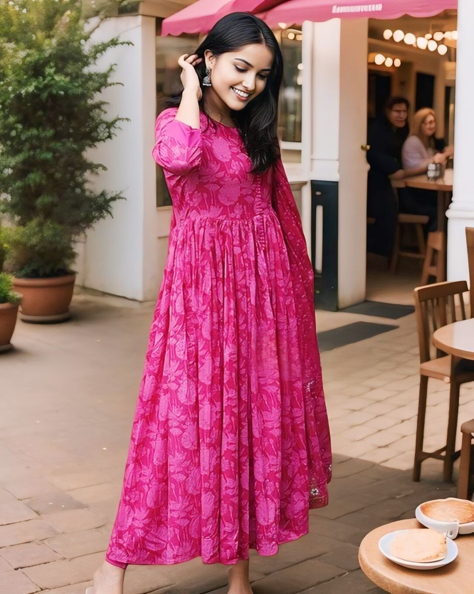 Amezing Look Pink Color Pure Cotton front-cut anarkali Cotton Suit Set For Women