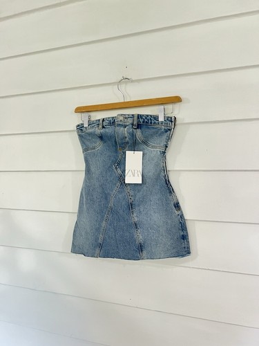 ZARA NEW WOMAN STRAPLESS DENIM MINI DRESS RAW HEM BLUE WAIST 26" Small S Y308 - Picture 6 of 14