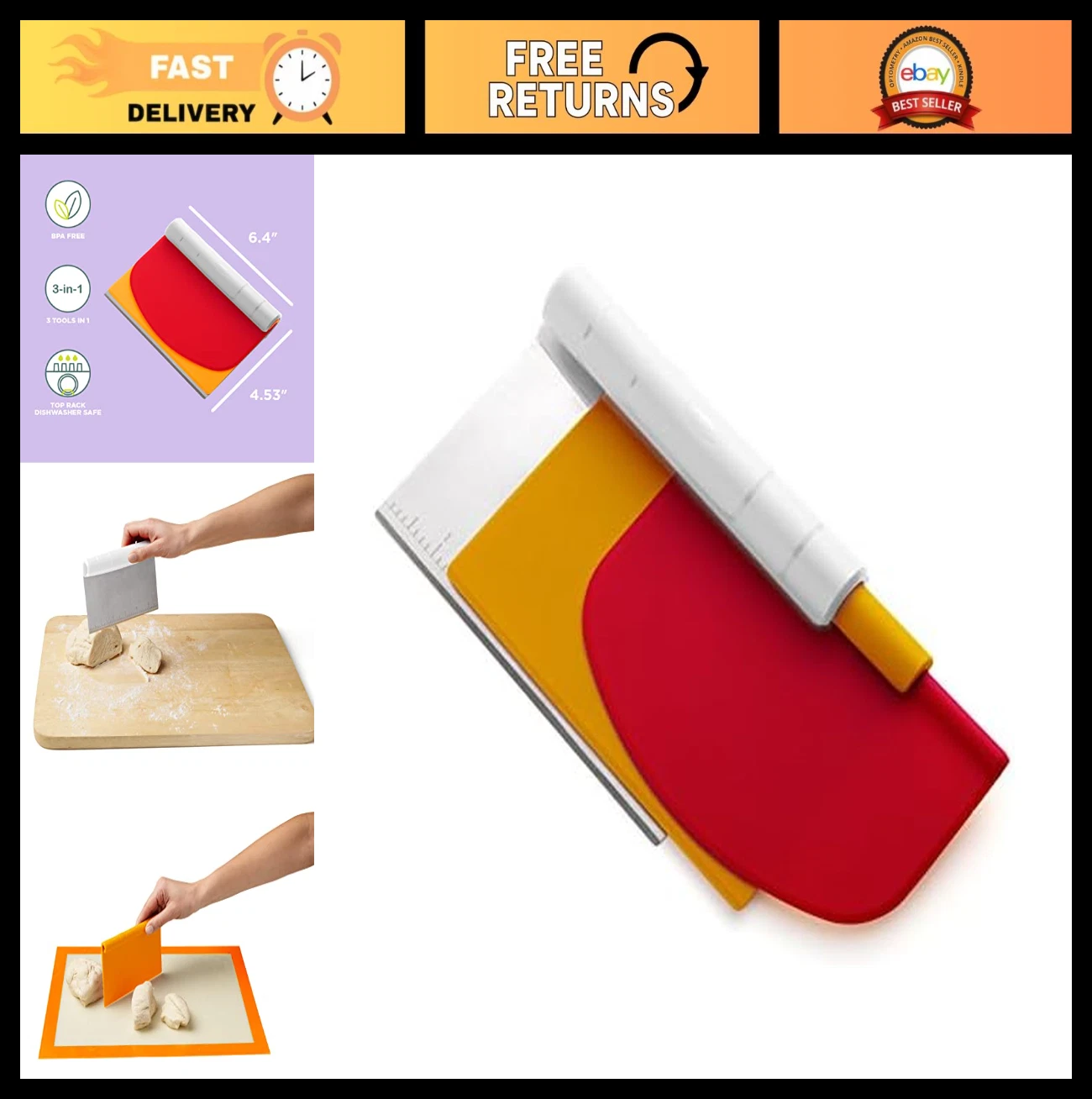 Versatile Pastry Bench Scraper Set - 3 Piece Baking Tool for Dough & Slicing
Opens in a new window o