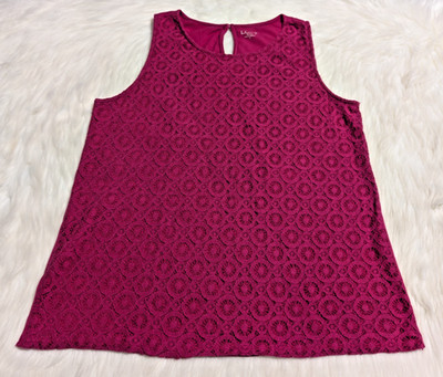 LOFT Blouse Sleeveless Crochet Lace  Overlay Tank Top 100% Cotton Pink Small